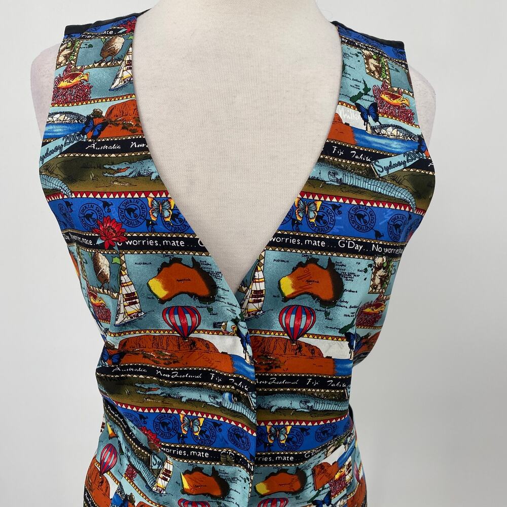 Vintage 90s Nicole Miller Silk Vest Australia Pattern Black Blue Red NEW Large - Picture 4 of 12